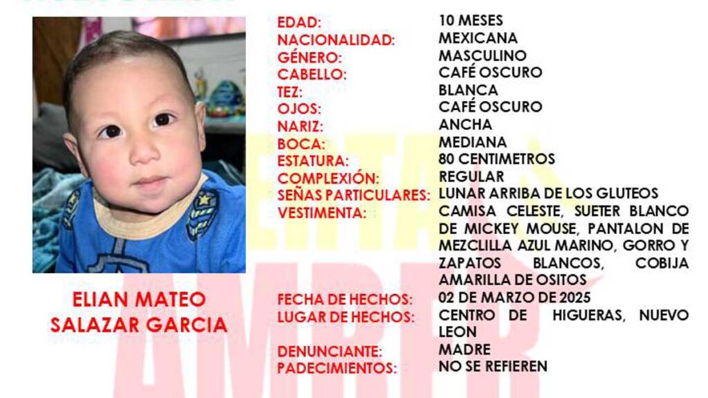 Activan Alerta Amber por bebé de 10 meses desaparecido en Nuevo León