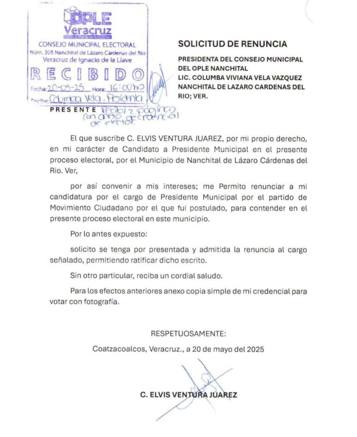 Renuncia candidato de Movimiento Ciudadano en Nanchital, Veracruz, tras amenazas; crece preocupación por seguridad electoral. Renuncia candidato de Movimiento Ciudadano en Nanchital, Veracruz, tras amenazas; crece preocupación por seguridad electoral.