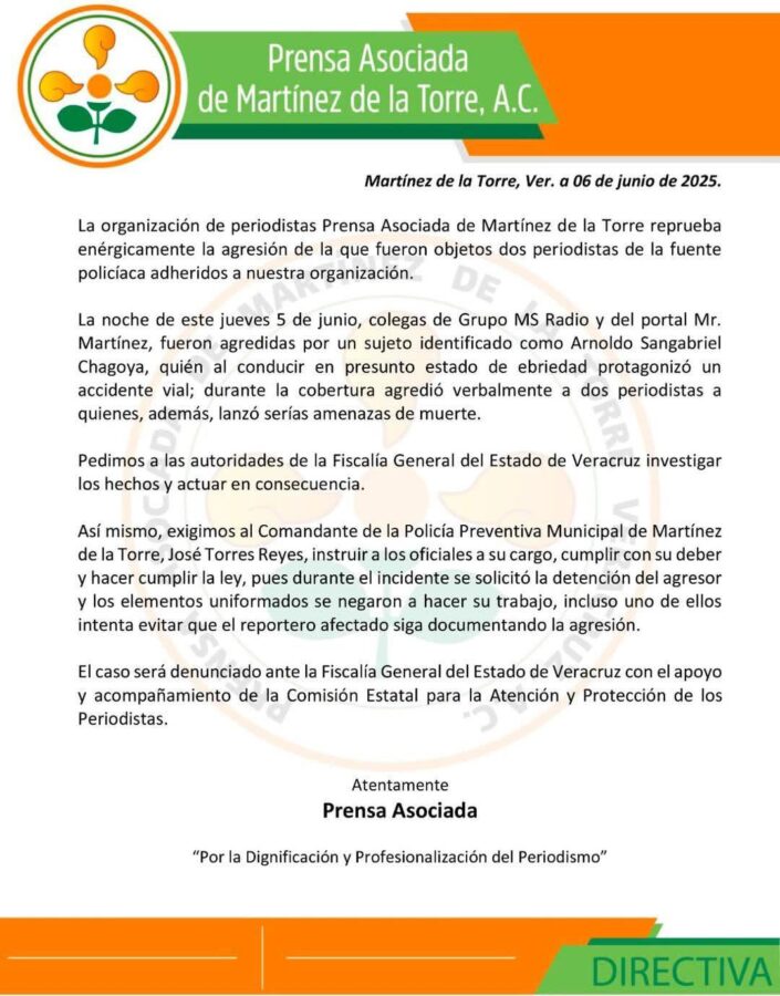 Prensa Asociada condena agresión contra dos periodistas en Martínez de la Torre; exigen acción de autoridades. Prensa Asociada condena agresión contra dos periodistas en Martínez de la Torre; exigen acción de autoridades.