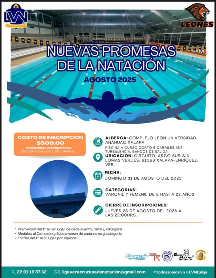 Anuncian la Copa de Natación “Nuevas Promesas 2025”, organizan la Liga Veracruzana de Natación y el pre-equipo de la Anáhuac Veracruz Campus Xalapa Anuncian la Copa de Natación “Nuevas Promesas 2025”, organizan la Liga Veracruzana de Natación y el pre-equipo de la Anáhuac Veracruz Campus Xalapa