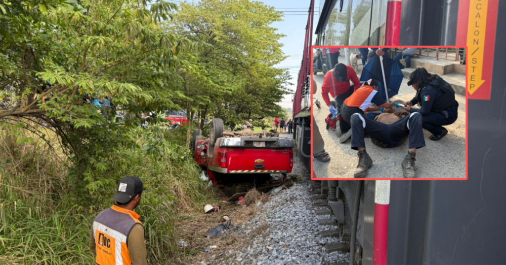 Camioneta fue embestida por el tren en Cosoleacaque; hay seis lesionados