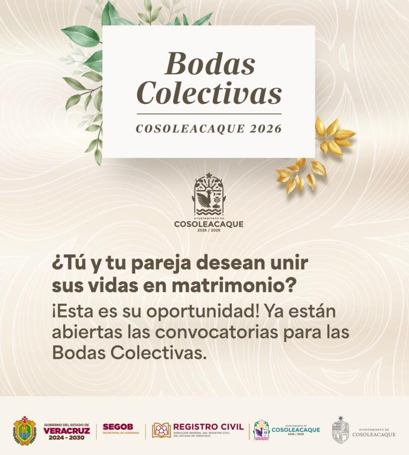 Abierta la convocatoria para las bodas colectivas Cosoleacaque 2026 Abierta la convocatoria para las bodas colectivas Cosoleacaque 2026
